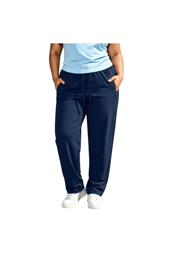 Oversized Pants Trendy Women's Plus Size Outdoors Hiking Pants Elastic-Waist Pull Rope Pocket Zipper Cargo Pants Navy 2X