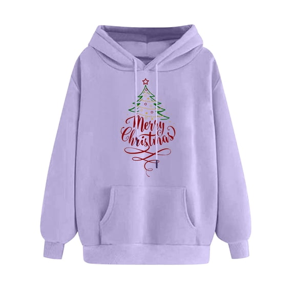 Hueook Oversized Sweatshirt for Women Women's Christmas Small Print Pocket Shoulder Sleeves Long Sleeved Top Hooded Sweatshirt Purple 2X
