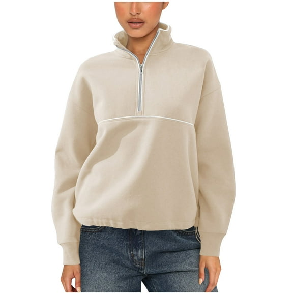 Hueook Oversized Sweatshirt for Women Women's Half Zip Hoodie with Contrasting Long Sleeves and A Stylish Top Beige S