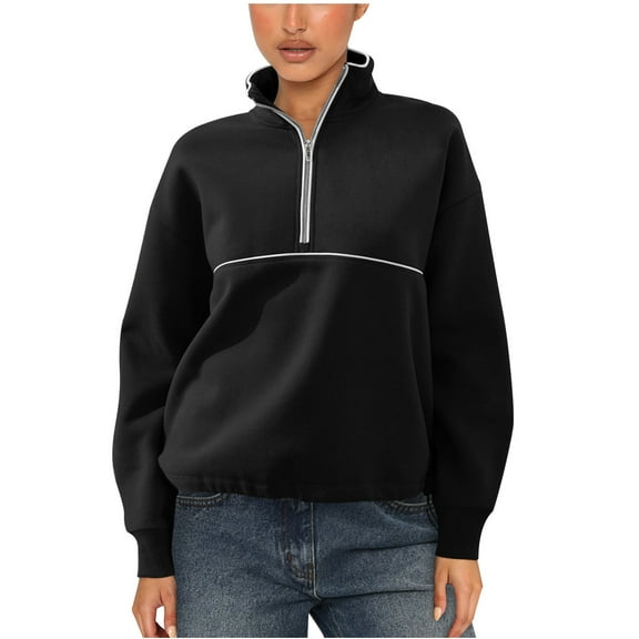 Hueook Oversized Sweatshirt for Women Women's Half Zip Hoodie with Contrasting Long Sleeves and A Stylish Top Black XL