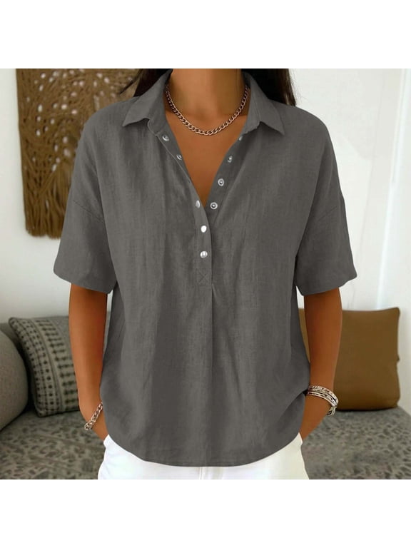 Oversized Tshirts for Women Tunic Blouse Women's Fashionable Casual Linen Color Turtleneck Long-sleeved Button and Snap V-neck Top Short-sleeved V-neck Top/shir Gray 2X