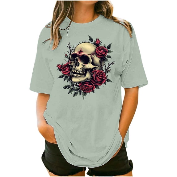 Hueook Oversized Tshirts for Women Plus Size Tshirts Graphic Tee Fashionable Women's Casual Pullover Printed Short Sleeved Round Neck Green L