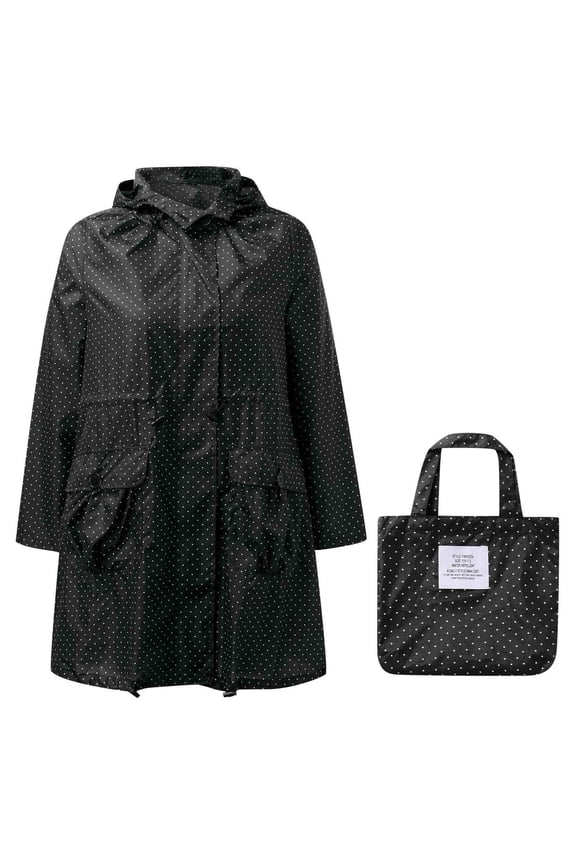 Packable Rain Jacket Relaxed Fit Outdoor Casaul and Breathable Printed Outdoor Long Sleeve Drawstring Zipper Hooded Raincoat Windproof Tops Coat with Pocket Black Free Size
