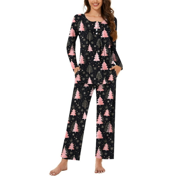 Hueook Pajamas for Women Set Flannel Pajamas Women Christmas Fashionable and Casual Loose Printed Round Neck Button Up Long Sleeved Pants Pajama Set Multicolor 3X