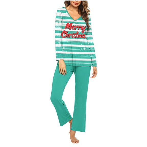 Hueook Pajamas for Women 100% Cotton Pajamas for Women Women Christmas Printed V-neck Casual Long Top Pants Pajama Set Multicolor S