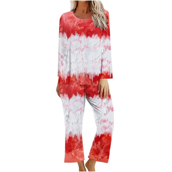 Hueook Pajamas for Women 2 Piece Sets for Women Fashion Fashion Printed Round Neck Long Sleeve Pants Set Red S