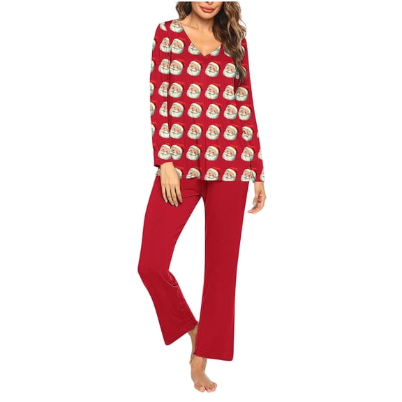 Hueook Pajamas for Women Set 2 Piece Women Christmas Printed V-neck Casual Long Top Pants Pajama Set Multicolor S