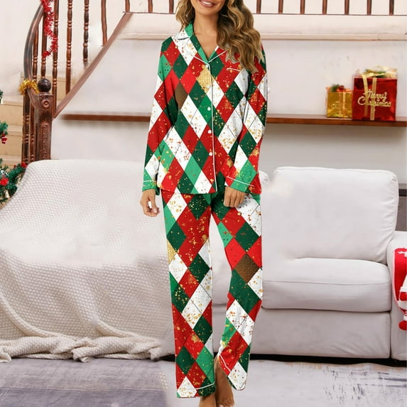 Hueook Pajamas for Women Set 2 Piece Women's Christmas Printed Pajama Set for Daily Home Wear with Pocket Multicolor 2X