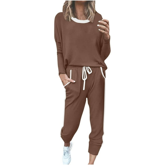 Hueook Pajamas for Women Set 2 Piece Women's Print Long Sleeve Sport Pullover   Pants Set Khaki M