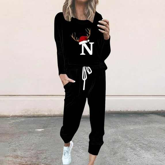 Hueook Pajamas for Women Set Flannel Pajamas Women's Print Long Sleeve Sport Pullover + Pants Set Black XL