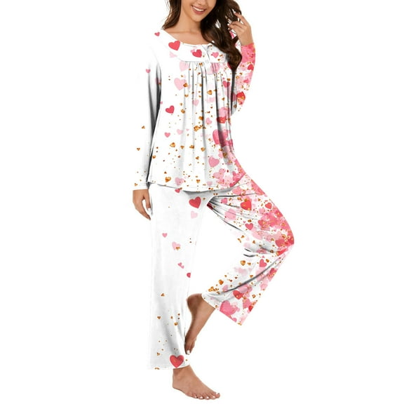 Hueook Pajamas for Women Set Women Fashionable Casual Loose Valentine's Day Printed Round Neck Button Up Long Sleeved Pants Pajama Set Pink XL