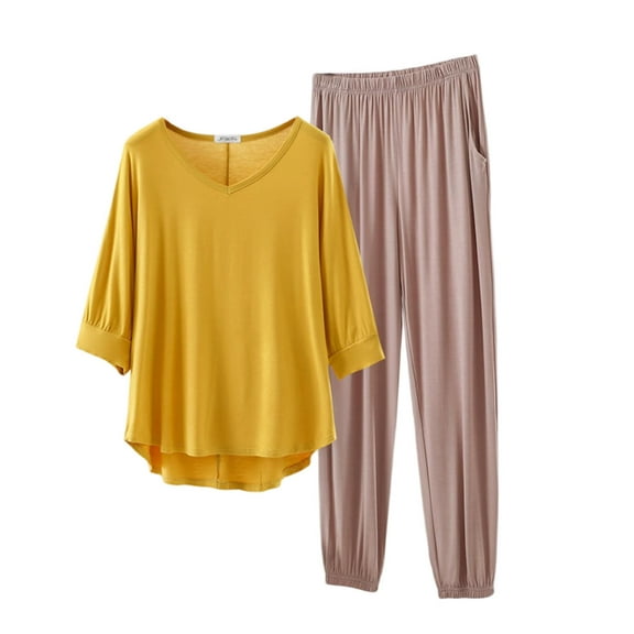 Hueook Pajamas for Women Set Women's V-Neck Loose Solid Color T-shirt Pocket Elastic Waist Pants Home Wear Two-Piece Pajama Sets Yellow XL