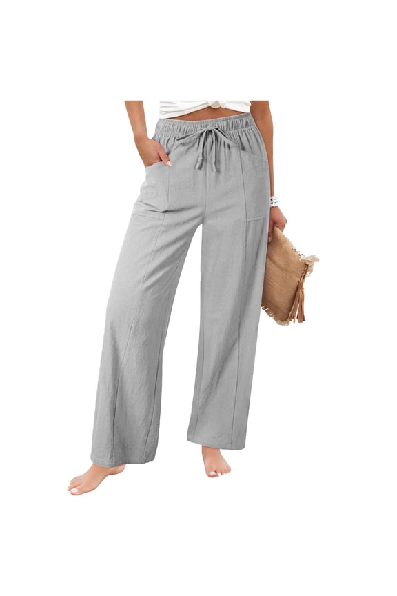 Pants for Women Khaki Pants Women's Summer Linen Solid Color Drawstring Elastic Waist Loose Straight Leg Pants with Side Pockets Gray S
