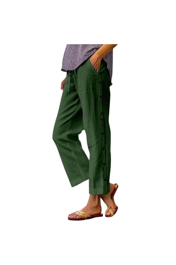 Pants for Women Trendy Womens Beach Pants Ankle Jogging Spring and Elastic Waist Linen Versatile Straight Tube Casual Wide Leg Pants Green M