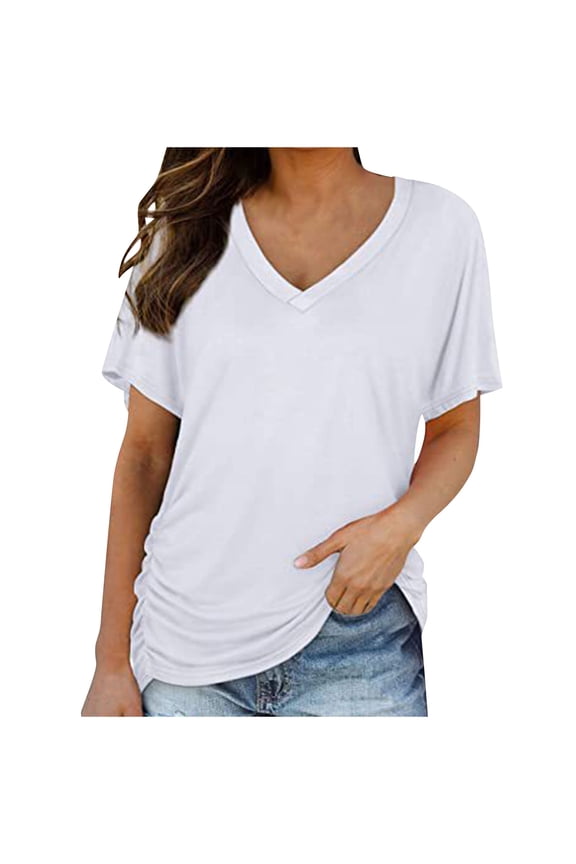 Pastel Tops Neon Shirt Trendy Women Short Sleeve Sequins Loose Polluer Solid V-Neck Blouse Shirt White XL