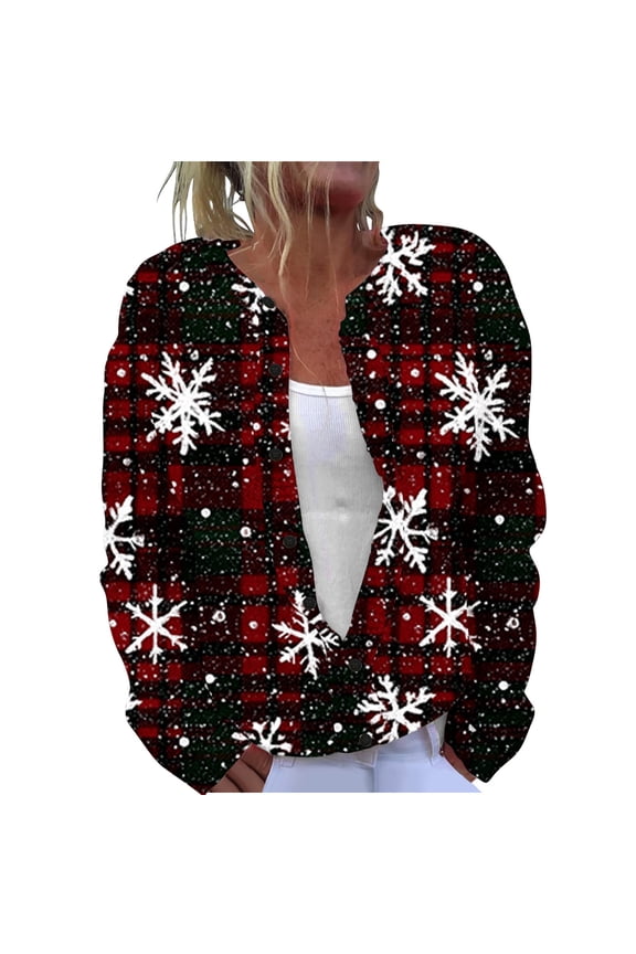 Pea Coats for Women Christmas Printed Knitted Cardigan Button Coat Multicolor L