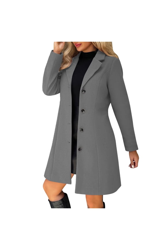 Pea Coats for Women Solid Casual Thicken Wool Stand Collar Inner Lining Pocket Breasted Pea Mao Coat Dark Gray 3X
