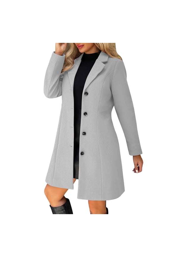 Pea Coats for Women Solid Casual Thicken Wool Stand Collar Inner Lining Pocket Breasted Pea Mao Coat Gray L