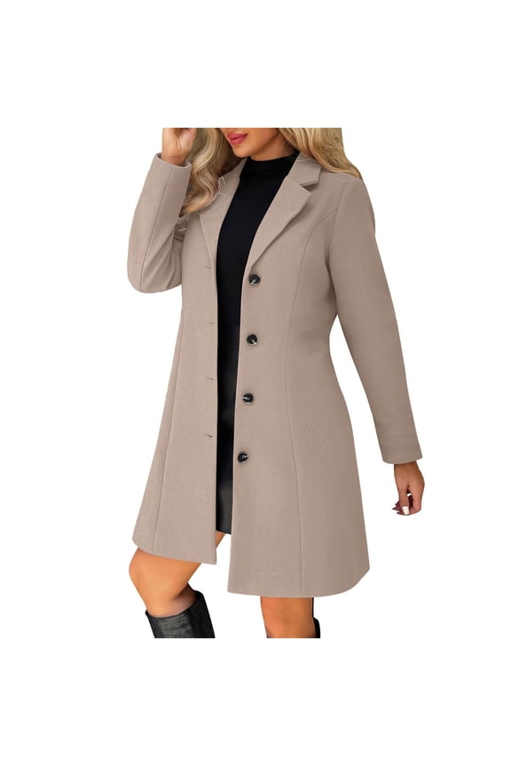 Pea Coats for Women Solid Casual Thicken Wool Stand Collar Inner Lining Pocket Breasted Pea Mao Coat Khaki L