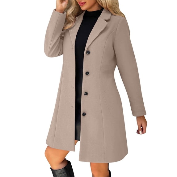 Hueook Pea Coats for Women Solid Casual Thicken Wool Stand Collar Inner Lining Pocket Breasted Pea Mao Coat Khaki XL