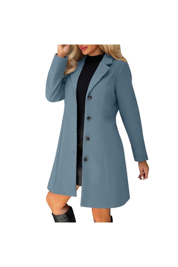 Pea Coats for Women Solid Casual Thicken Wool Stand Collar Inner Lining Pocket Breasted Pea Mao Coat Navy M