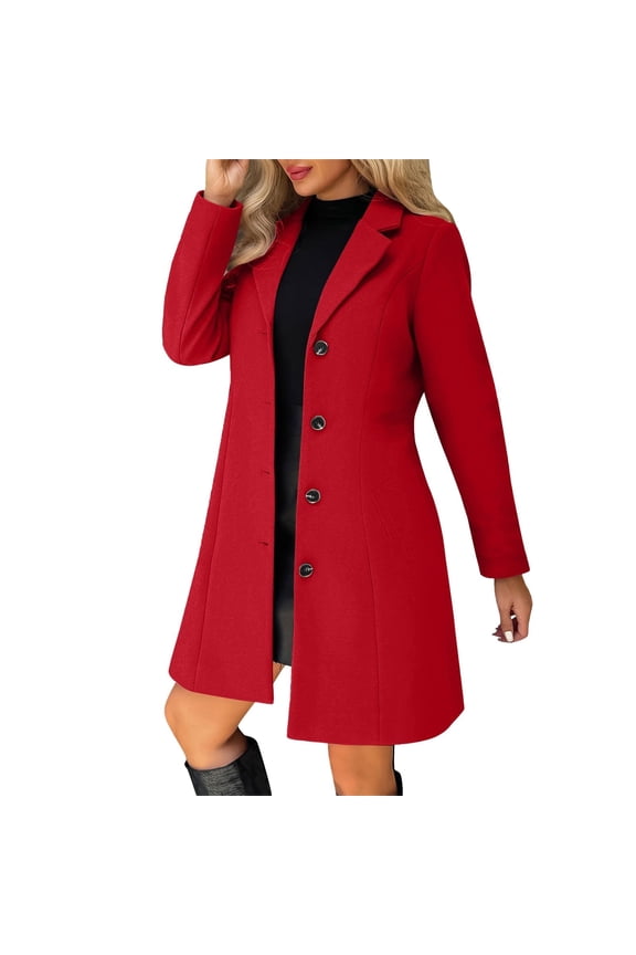 Pea Coats for Women Solid Casual Thicken Wool Stand Collar Inner Lining Pocket Breasted Pea Mao Coat Red S