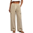 thumbnail image 1 of Hueook Petite Pants for Women Cargo Sweatpants Elastic Drawstring High Waist with Pockets Khaki M, 1 of 7