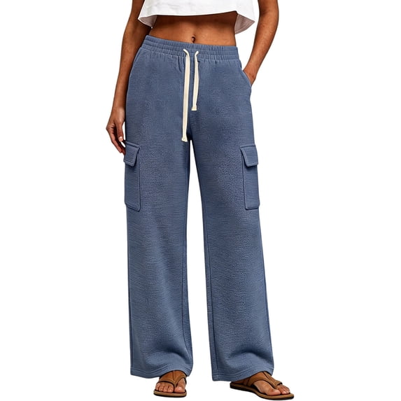 Hueook Petite Pants for Women Cargo Sweatpants Elastic Drawstring High Waist with Pockets Navy 2X