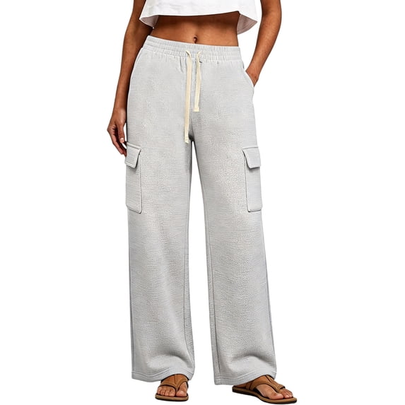 Hueook Petite Pants for Women Cargo Sweatpants Elastic Drawstring High Waist with Pockets White XL