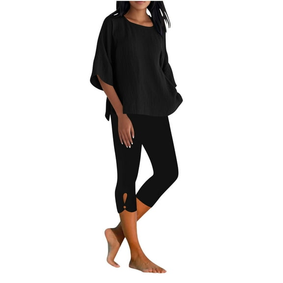 Hueook Pilates Outfits for Women Loose Casual Solid Color and Flax Round Neck 3/4Sleeve Tops Cropped Pants Outwear Set Black M