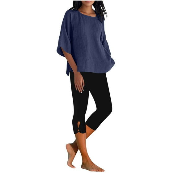 Hueook Pilates Outfits for Women Loose Casual Solid Color and Flax Round Neck 3/4Sleeve Tops Cropped Pants Outwear Set Navy 2X