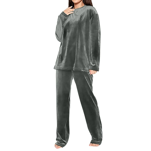 Hueook Pilates Outfits for Womens Solid Color Flannel Casual Warm Long-sleeved Trousers Two-piece Suit Gray 4X