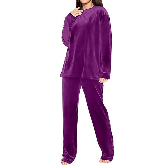 Hueook Pilates Outfits for Womens Solid Color Flannel Casual Warm Long-sleeved Trousers Two-piece Suit Purple 3X