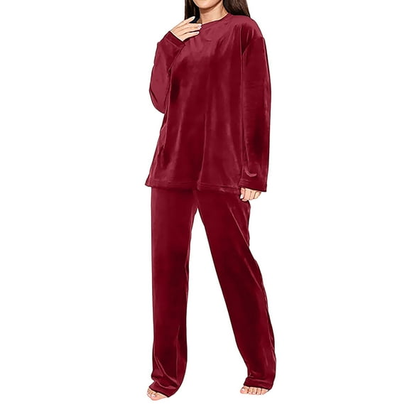 Hueook Pilates Outfits for Womens Solid Color Flannel Casual Warm Long-sleeved Trousers Two-piece Suit Red 2X
