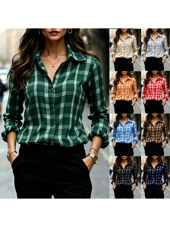 Plaid Button Down Shirt For Women Flannel Collared Work Tops Dressy Gingham Fall Long Sleeve Checkered Blouse Red L