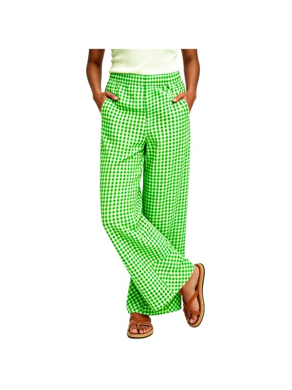 Plaid Pants Trendy Y2k Womens Pants Plaid Wide Leg Pants Bottoms Trousers with Pockets Mint Green 3X