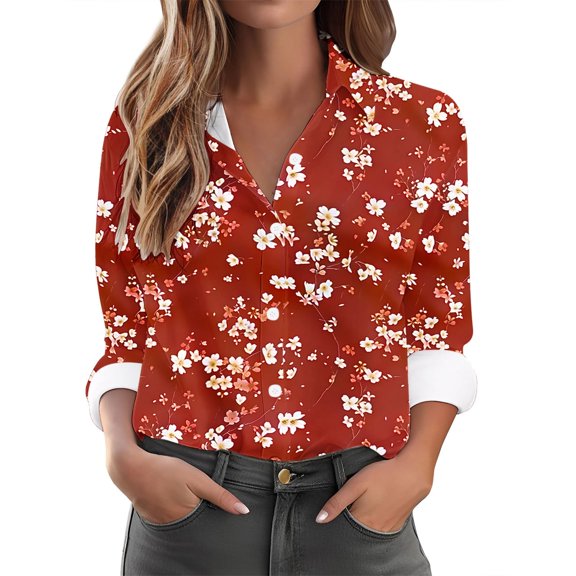Hueook Plaid Shirts for Women Solid Color Casual Everyday-breasted Long-sleeved Shirt Multicolor L