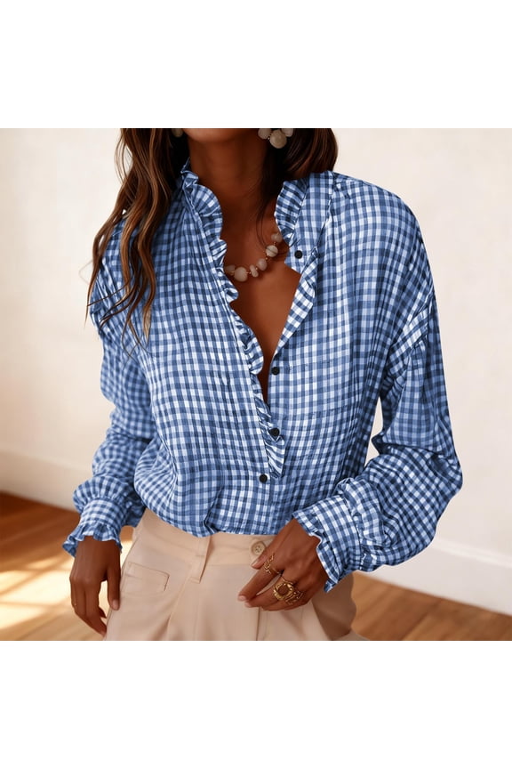 Plaid Shirts for Women's Classic Checkered Striped Button-Down Shirt with Roll-Up Sleeves and Turn-Down Collar Blue L