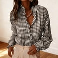 thumbnail image 1 of Hueook Plaid Shirts for Women's Classic Checkered Striped Button-Down Shirt with Roll-Up Sleeves and Turn-Down Collar Coffee L, 1 of 5