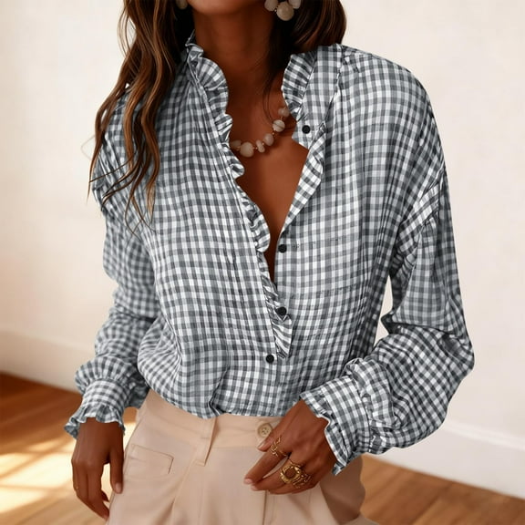 Hueook Plaid Shirts for Women's Classic Checkered Striped Button-Down Shirt with Roll-Up Sleeves and Turn-Down Collar Dark Gray S