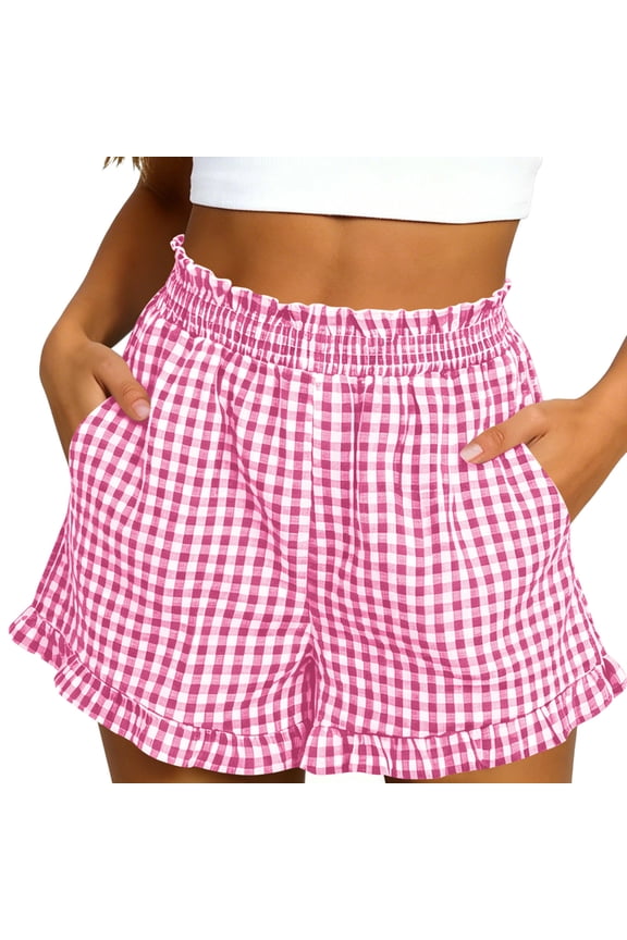 Plaid Shorts Y2k Trendy Shorts Women's Ruffled High Waist Plaid Shorts with Belted Detail and Side Pockets Pink 2X