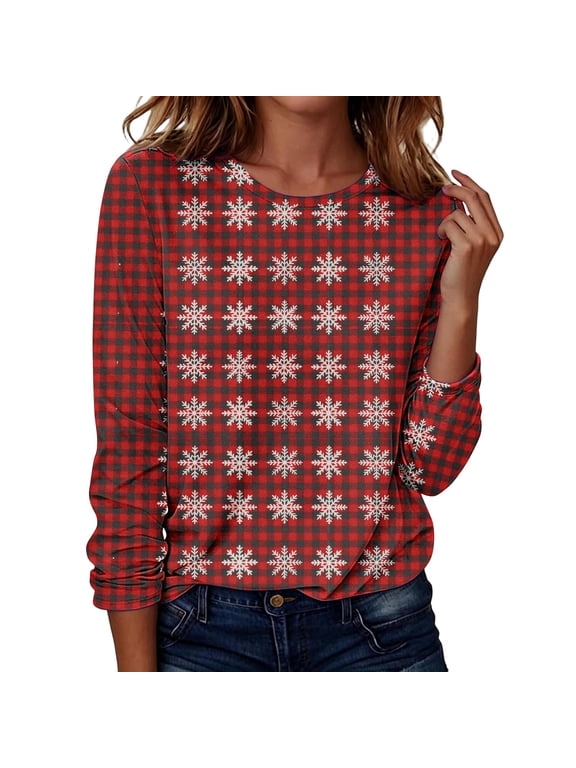 Plaid Sweatshirts for Women Long Sleeve Crewneck Pullover Festival Checkered Gingham Casual Sweaters Dressy Fall Tunic Tops Multicolor M