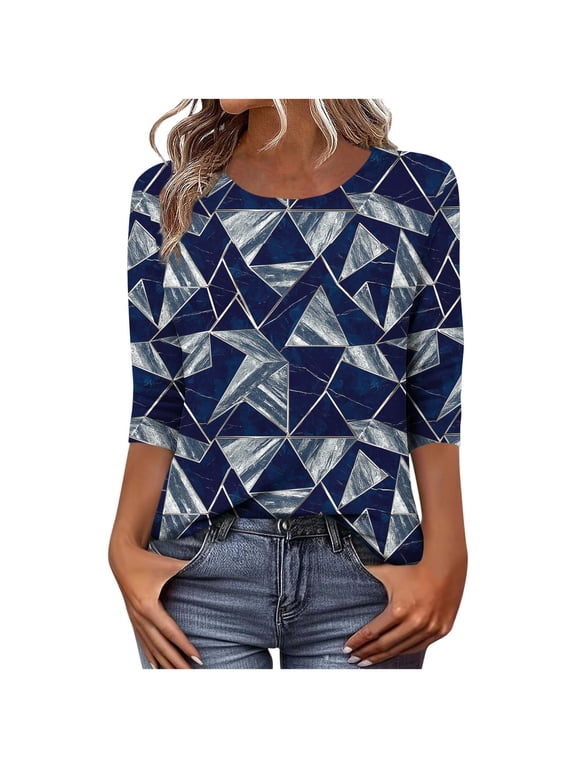 Plus Size Boho Shirts Ethnic Tops Fashion Women's Boho Unisex Print Loose Casual Round Neck 3/4 Sleeve T-Shirt Oversized Top Navy M