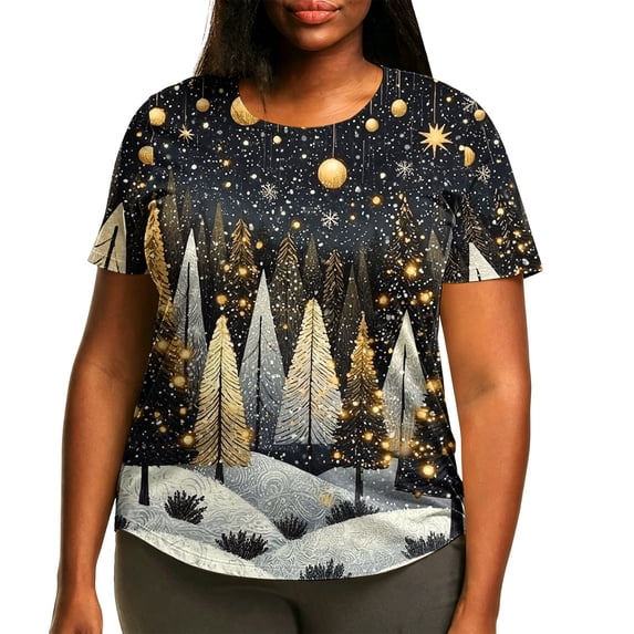 Hueook Plus Size Christmas T Shirts for Women Short Sleeve Graphic Tee Xmas Gold forest Black Holiday Top Multicolor 2X