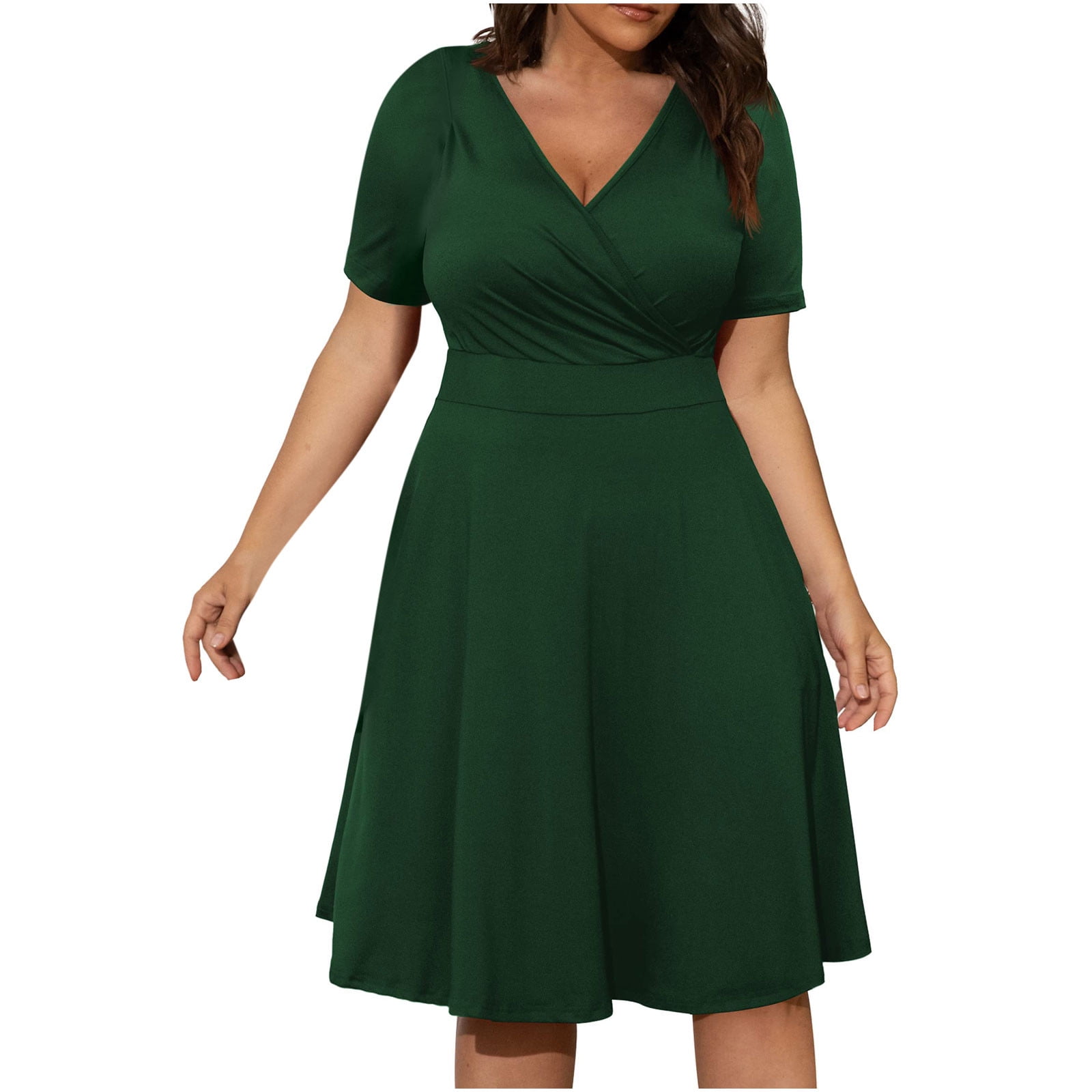 Hueook Plus Size Dresses Cocktail Dresses for Wedding Guest Womens Casual Plus Size V-Neck Solid Short Sleeve Boho Dress Dress with Pockets Green 4X