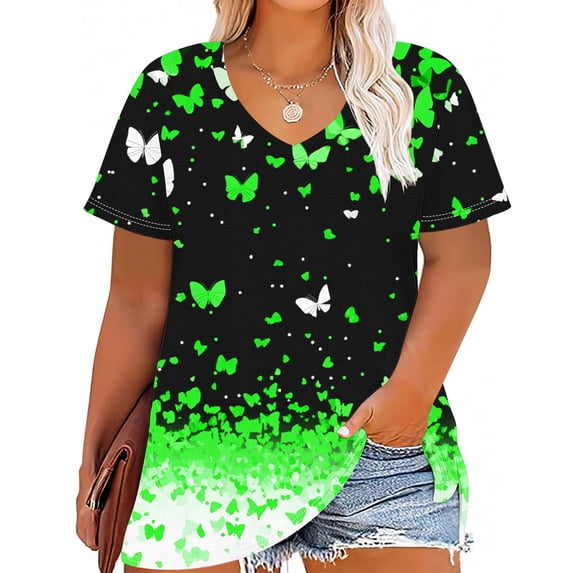 Hueook Plus Size Heart Tops Trendy Tshirt Women's Plus Size V-neck Printing Short Sleeve Solid Color Summer Base T-shirt Green 3X