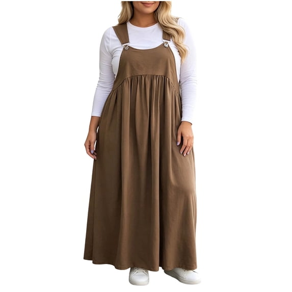 Hueook Plus Size Jumpsuit for Women Adjustable Strap Overalls Stretchy Loose Comfy Fall Romper Brown 3X