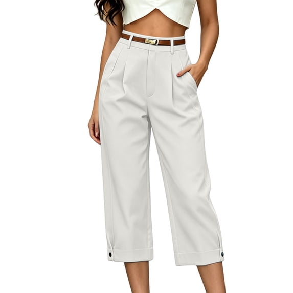 Hueook Plus Size Pants for Women Ankle Wide Leg Pocket Casual Business Cropped Pants White XL