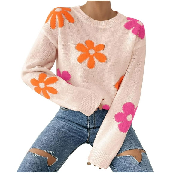 Hueook Plus Size Sweaters for Women Yellow Sweater Women Women's Color Blocked Floral Knit Sweater Loose Long Sleeved Round Neck Pullover Sweater Orange S
