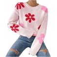 thumbnail image 1 of Hueook Plus Size Sweaters for Women Yellow Sweater Women Women's Color Blocked Floral Knit Sweater Loose Long Sleeved Round Neck Pullover Sweater Pink S, 1 of 6